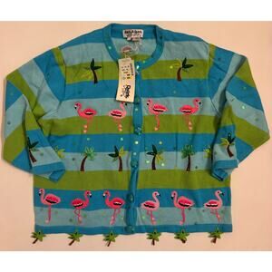 NWT Vtg Jack B. Quick Sweater Blue/Green Tropical Flamingo Women's Size XL